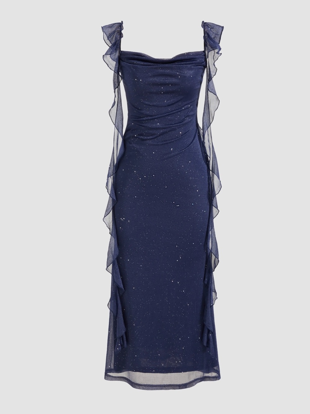 NWT CIDER COWL NECK SOLID GLITTER RUFFLE HEM MAXI DRESS